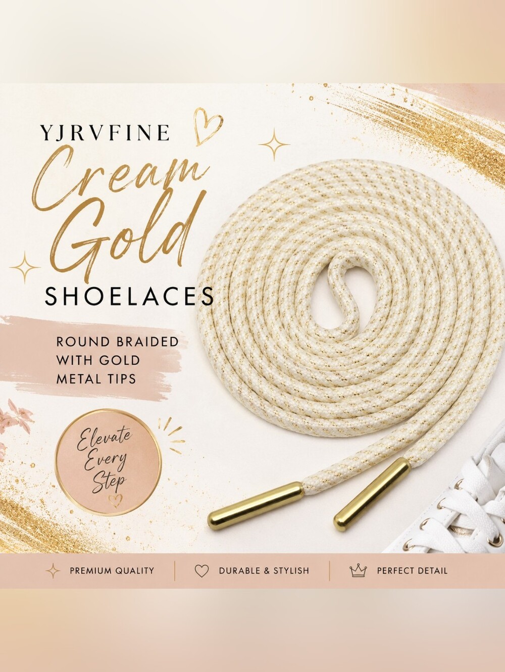 YJRVFINE Cream Gold Metallic Round Braided Shoelaces with Gold Metal Tips NEW